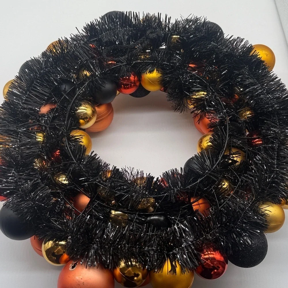 Halloween Shatterproof Ornament  Orange Black Gold Shiny Wreath Festive Spooky